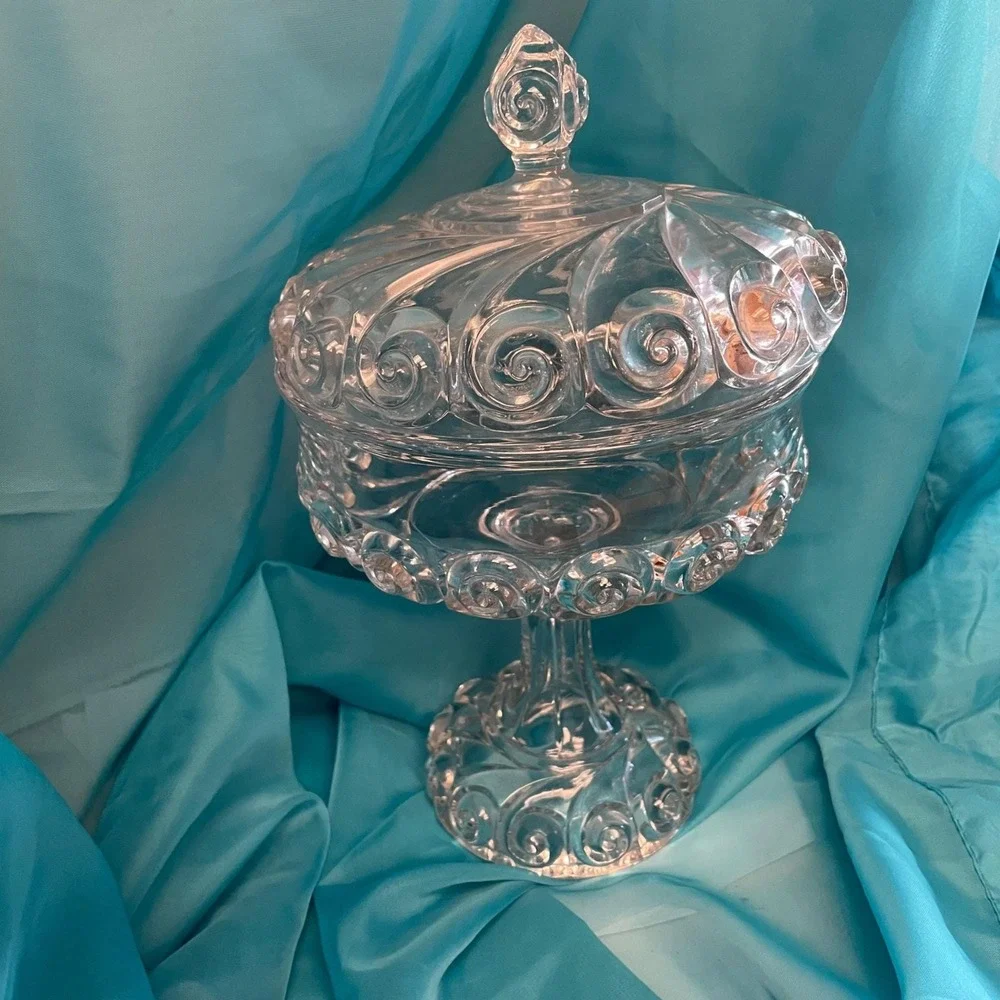 Vintage Lidded Copte Glass Pedestal Candy Dish Lid Swirl Pattern Ornate Design